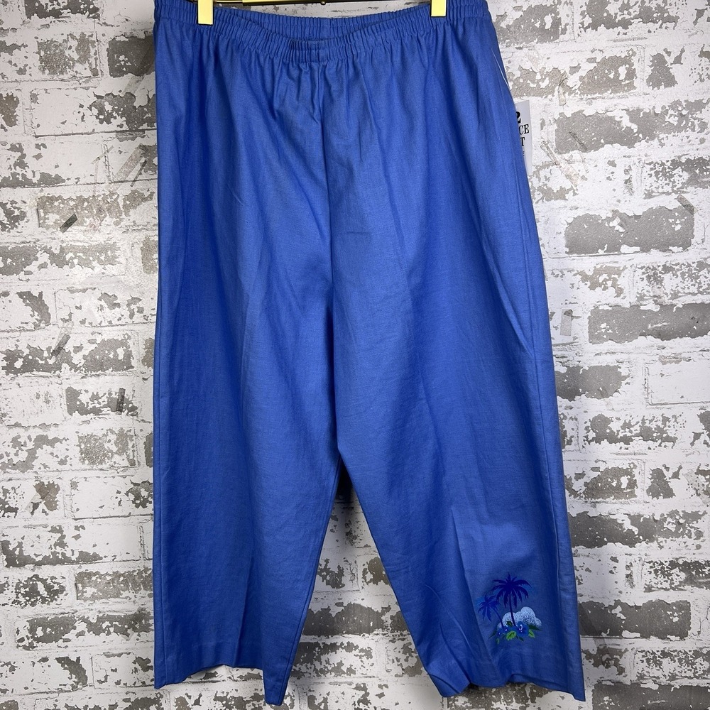 Sag Harbor 2 Pc Set 14P Capris Pants Blue Lime Green Palm Trees Buttons Beach - Picture 6 of 16